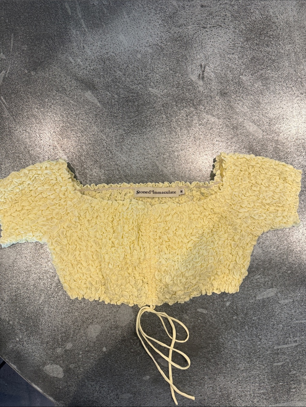 Stoned Immaculate Pale Yellow Smocked Tie-Front Crop Top